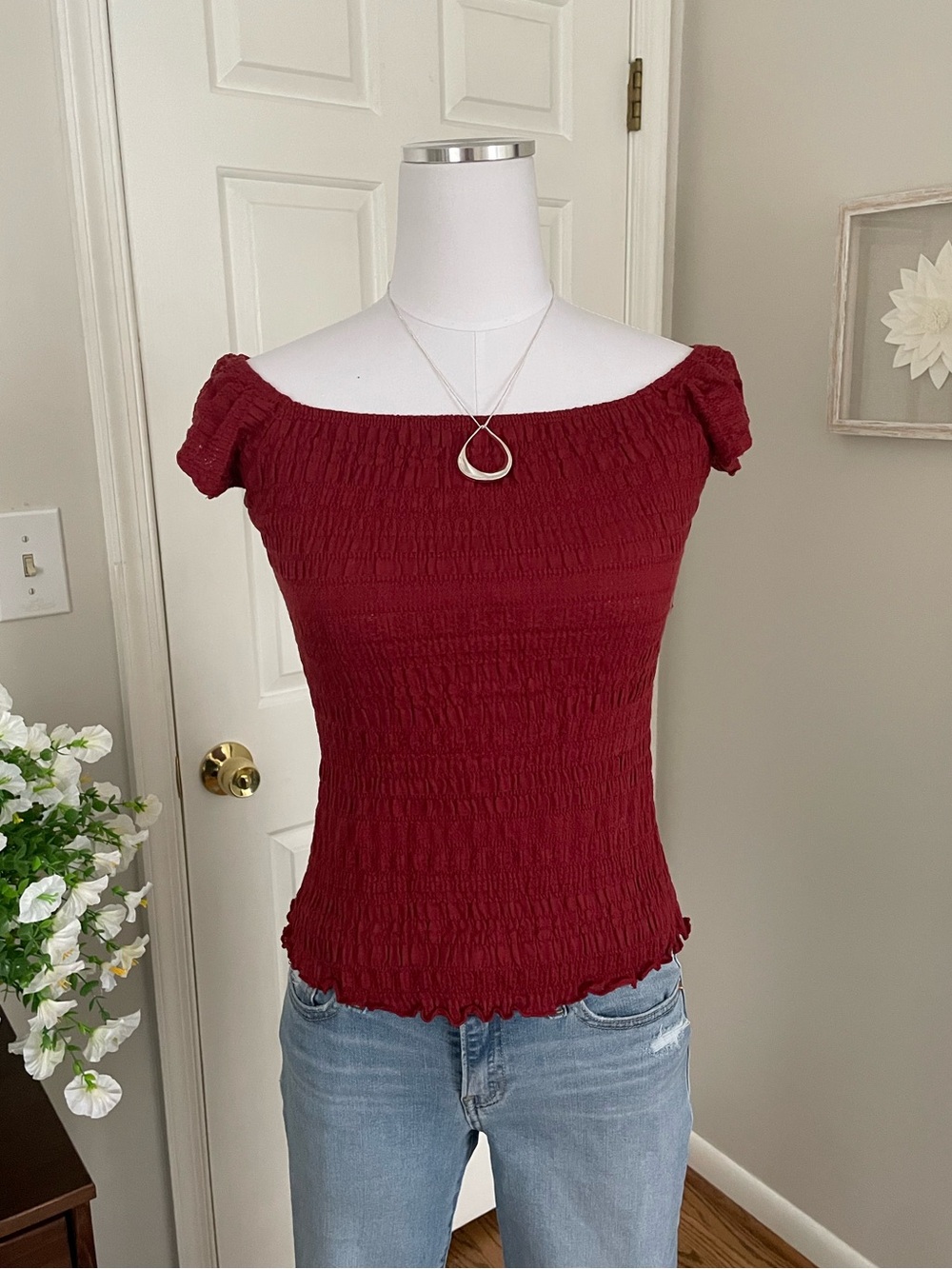 Wet Seal Off-Shoulder Red Smocked Top